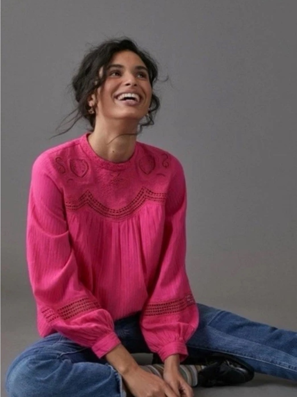 Anthropologie harmony hot pink top long sleeve blouse crewneck lace shirt in XS